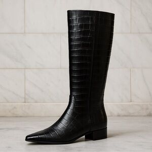 NEW Gianni Bini Black Leather Pointy Toe Croc Emboss Low Heel Knee High Boots 6-